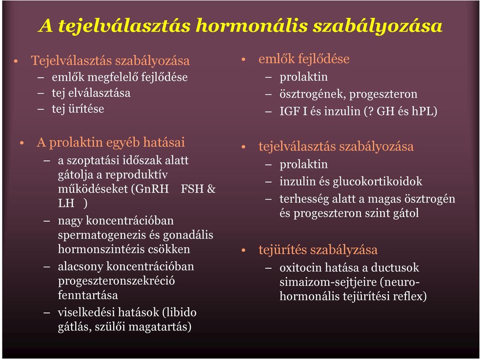 fenntartása viselkedési hatások (libido gátlás, szülői magatartás) emlők fejlődése prolaktin ösztrogének, progeszteron IGF I és inzulin (?