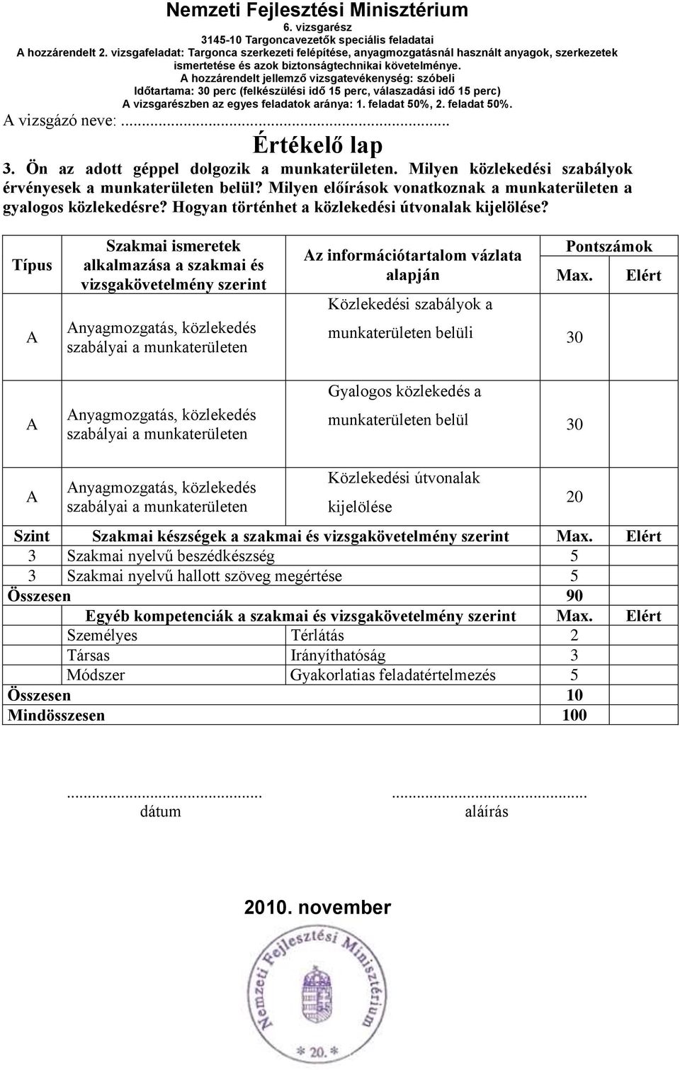 Típus Szakmai ismeretek alkalmazása a szakmai és vizsgakövetelmény szerint nyagmozgatás, közlekedés szabályai a munkaterületen nyagmozgatás, közlekedés szabályai a munkaterületen z információtartalom