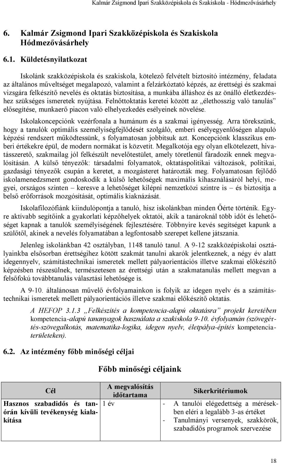 szakmai vizsgára felkészítő nevelés és oktatás biztosítása, a munkába álláshoz és az önálló életkezdéshez szükséges ismeretek nyújtása.