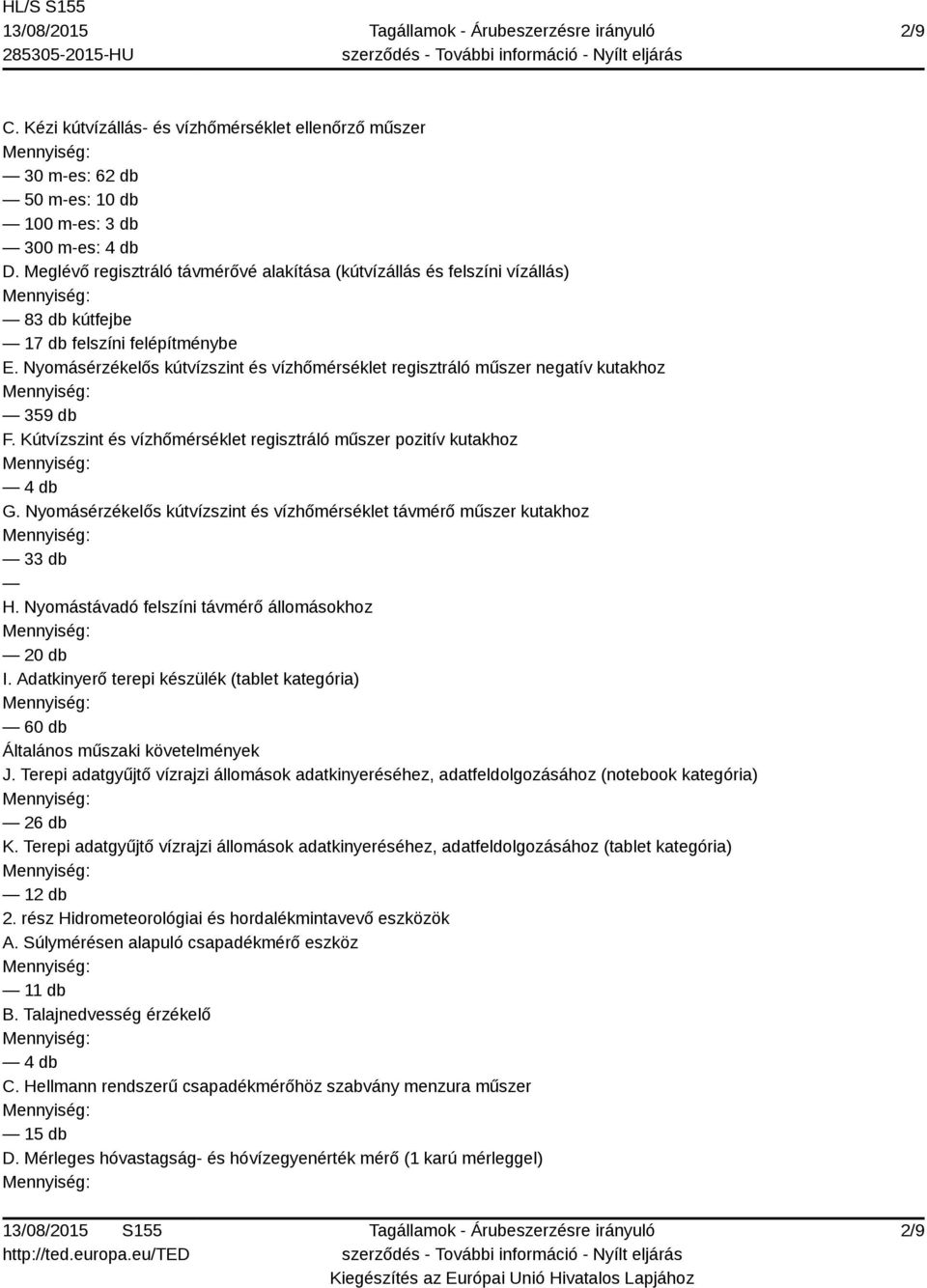 Nyomásérzékelős kútvízszint és vízhőmérséklet regisztráló műszer negatív kutakhoz 359 db F. Kútvízszint és vízhőmérséklet regisztráló műszer pozitív kutakhoz G.