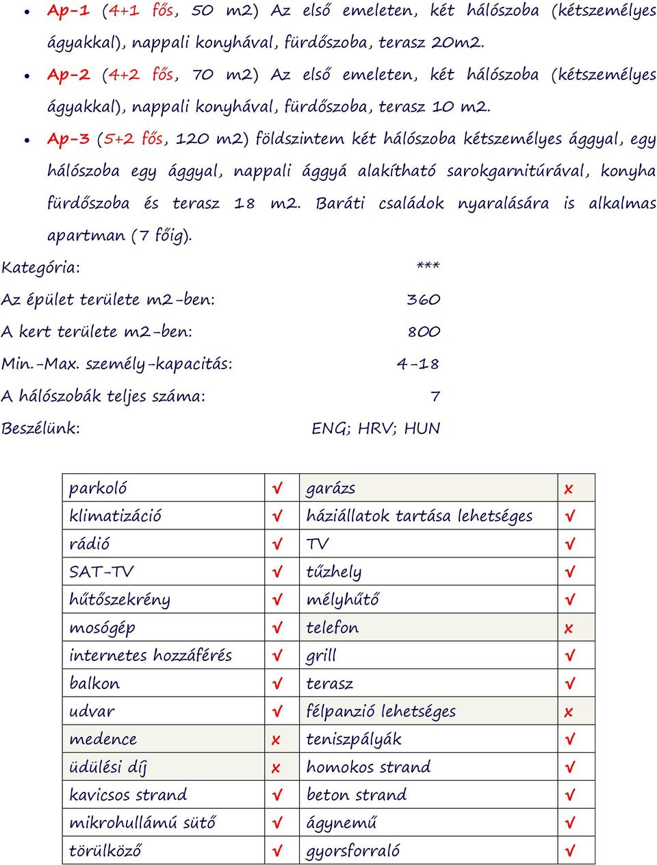 Ap-3 (5+2 fős, 120 m2) földszintem két hálószoba kétszemélyes ággyal, egy hálószoba egy ággyal, nappali ággyá alakítható sarokgarnitúrával, konyha fürdőszoba és terasz 18 m2.