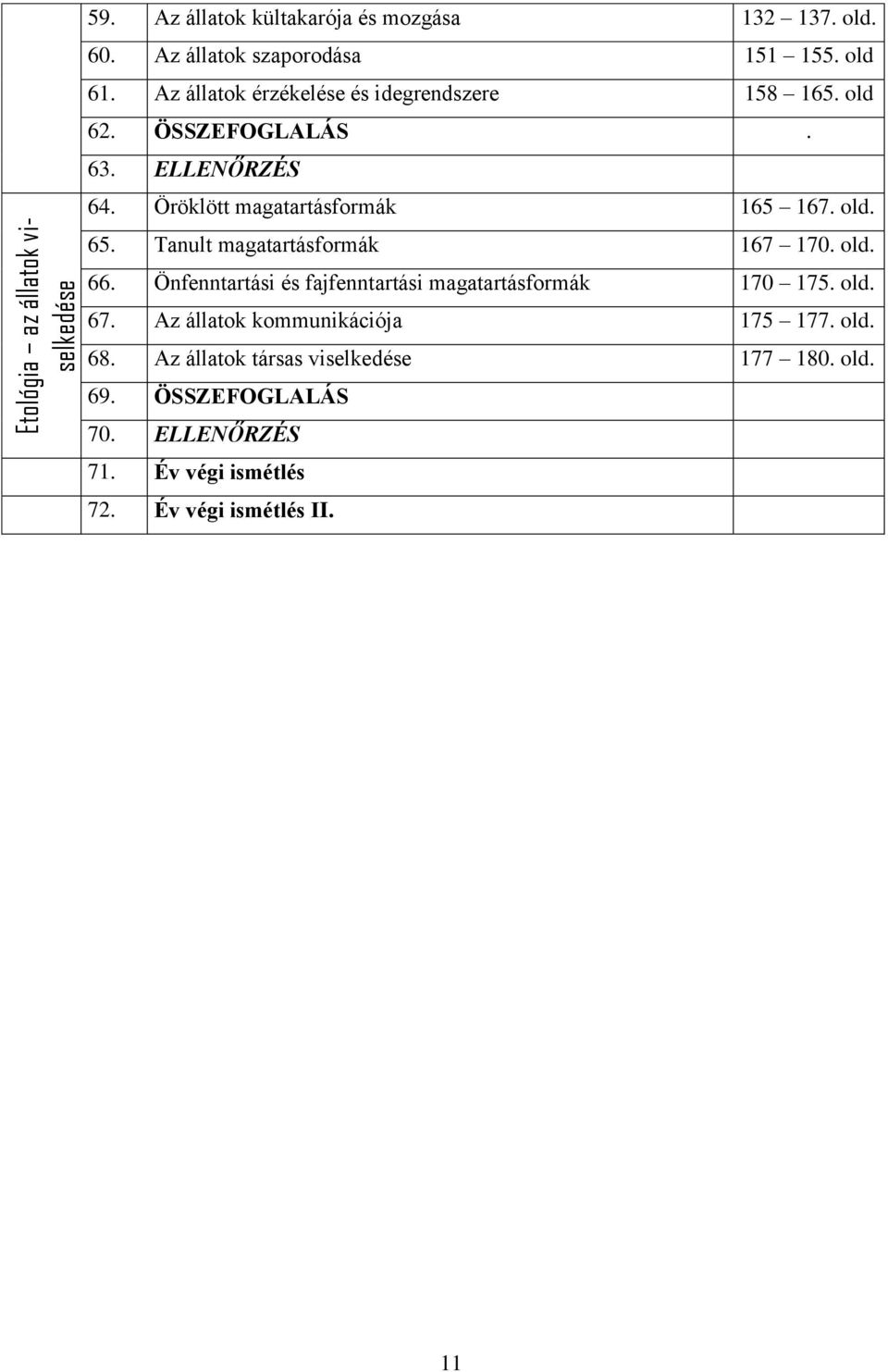 Tanult magatartásformák 167 170. old. 66. Önfenntartási és fajfenntartási magatartásformák 170 175. old. 67.