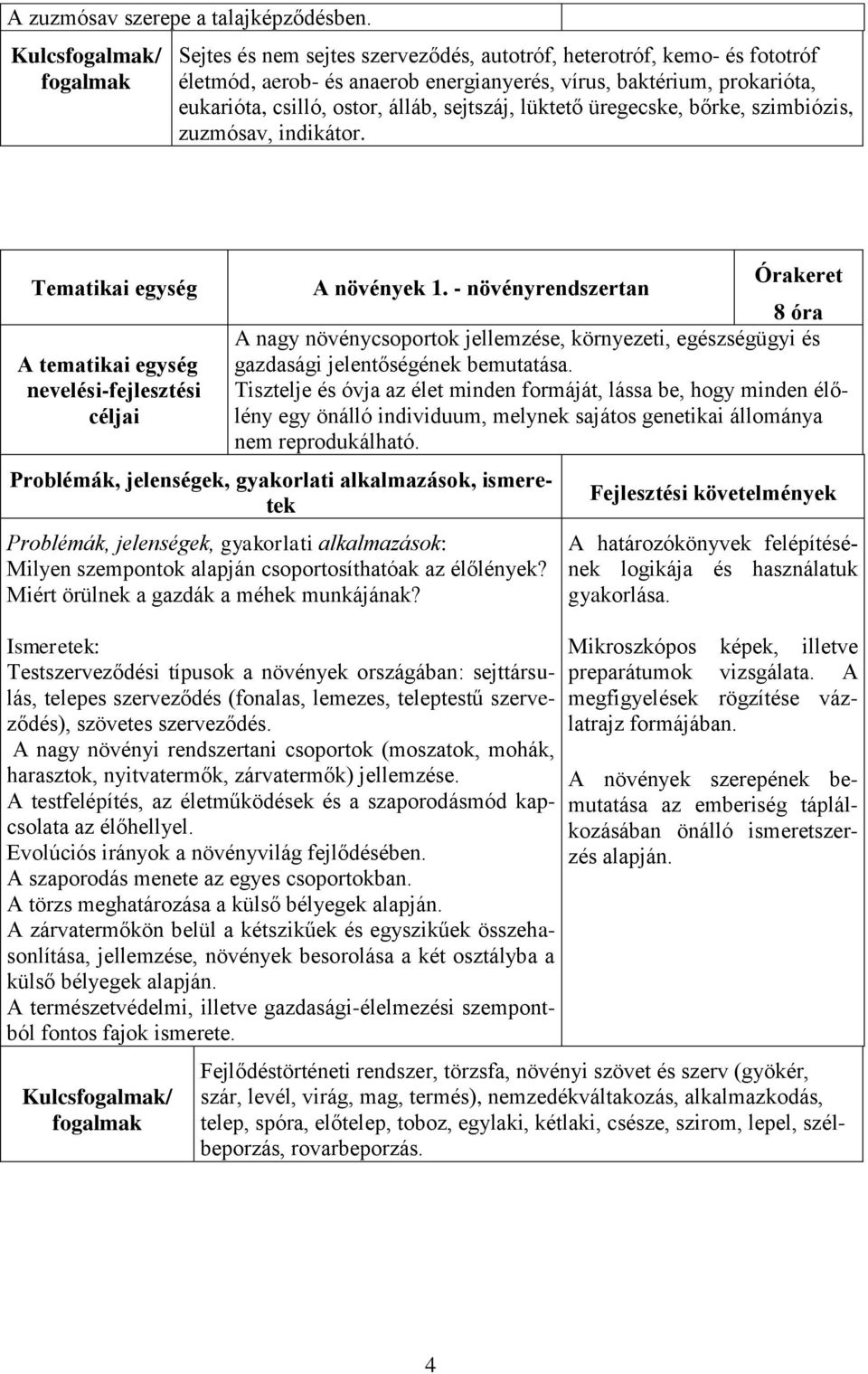 álláb, sejtszáj, lüktető üregecske, bőrke, szimbiózis, zuzmósav, indikátor. Tematikai egység A tematikai egység nevelési-fejlesztési Órakeret A növények 1.