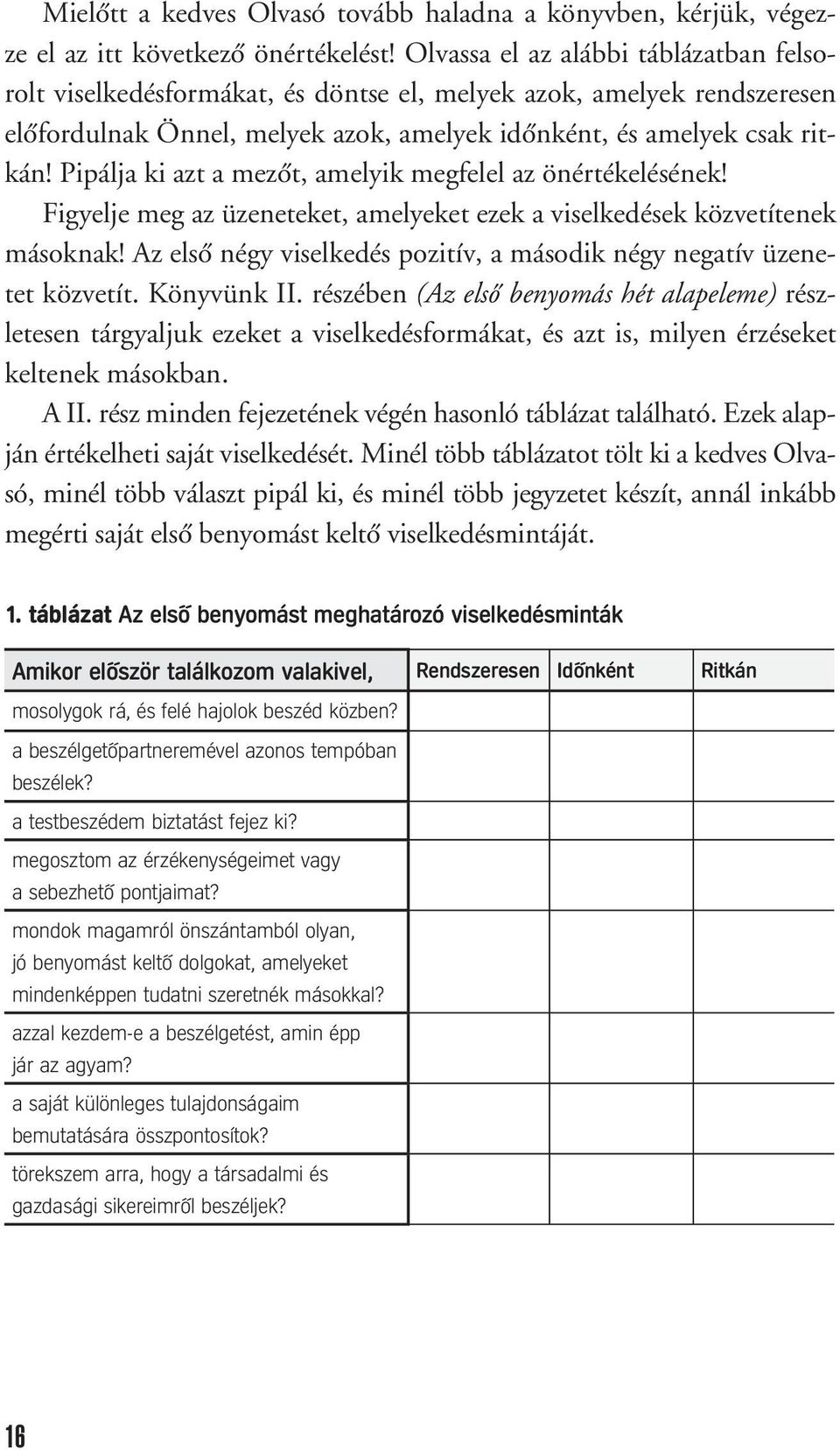 Pipálja ki azt a mezôt, amelyik megfelel az önértékelésének! Figyelje meg az üzeneteket, amelyeket ezek a viselkedések közvetítenek másoknak!