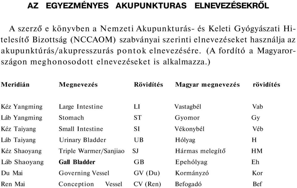 ) Meridián Megnevezés Rövidítés Magyar megnevezés rövidítés Kéz Yangming Large Intestine LI Vastagbél Vab Láb Yangming Stomach ST Gyomor Gy Kéz Taiyang Small Intestine SI Vékonybél