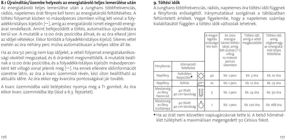 Amint befejeződött a töltés, automatikus újraindításra kerül sor. A mutatók a 12:00 órás pozícióba állnak, és az óra elkezd járni az időjel vételekor. Ekkor törlődik a folyadékkristályos kijelző.