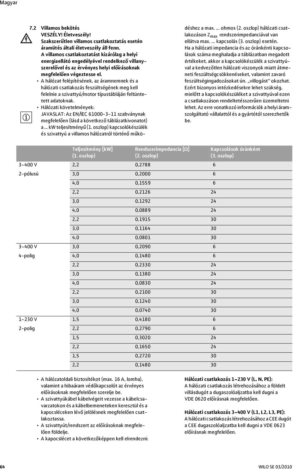 A hálózat felépítésének, az áramnemnek és a hálózati csatlakozás feszültségének meg kell felelnie a szivattyú/motor típustábláján feltüntetett adatoknak.