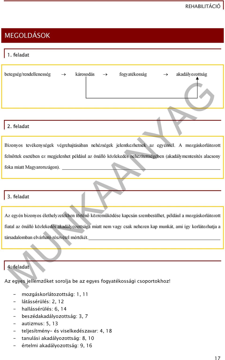 feladat Az egyén bizonyos élethelyzetekben történő közreműködése kapcsán szembesülhet, például a mozgáskorlátozott fiatal az önálló közlekedés akadályozottsága miatt nem vagy csak nehezen kap munkát,