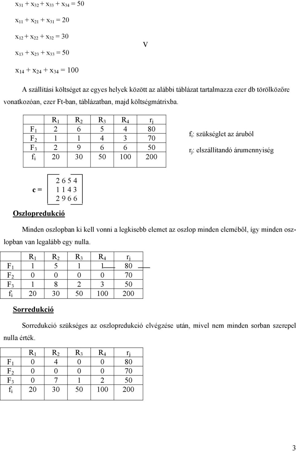 R R 2 R 3 R 4 r j F 2 6 5 4 80 F 2 4 3 70 F 3 2 9 6 6 50 f i 20 30 50 00 200 f i : szükséglet az áruból r j : elszállítandó árumennyiség 2 6 5 4 c = 4 3 2 9 6 6 Oszlopredukció Minden oszlopban ki