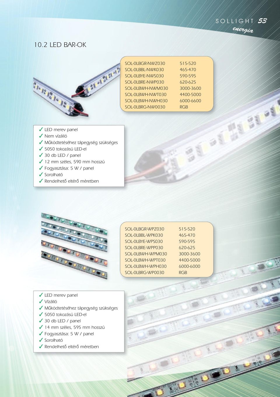 SOL-0LBRG-NW0030 RGB LED merev panel Nem vízálló Mûködtetéséhez tápegység szükséges 5050 tokozású LED-el 30 db LED / panel 12 mm széles, 590 mm hosszú Fogyasztása: 5 W / panel Sorolható Rendelhetô