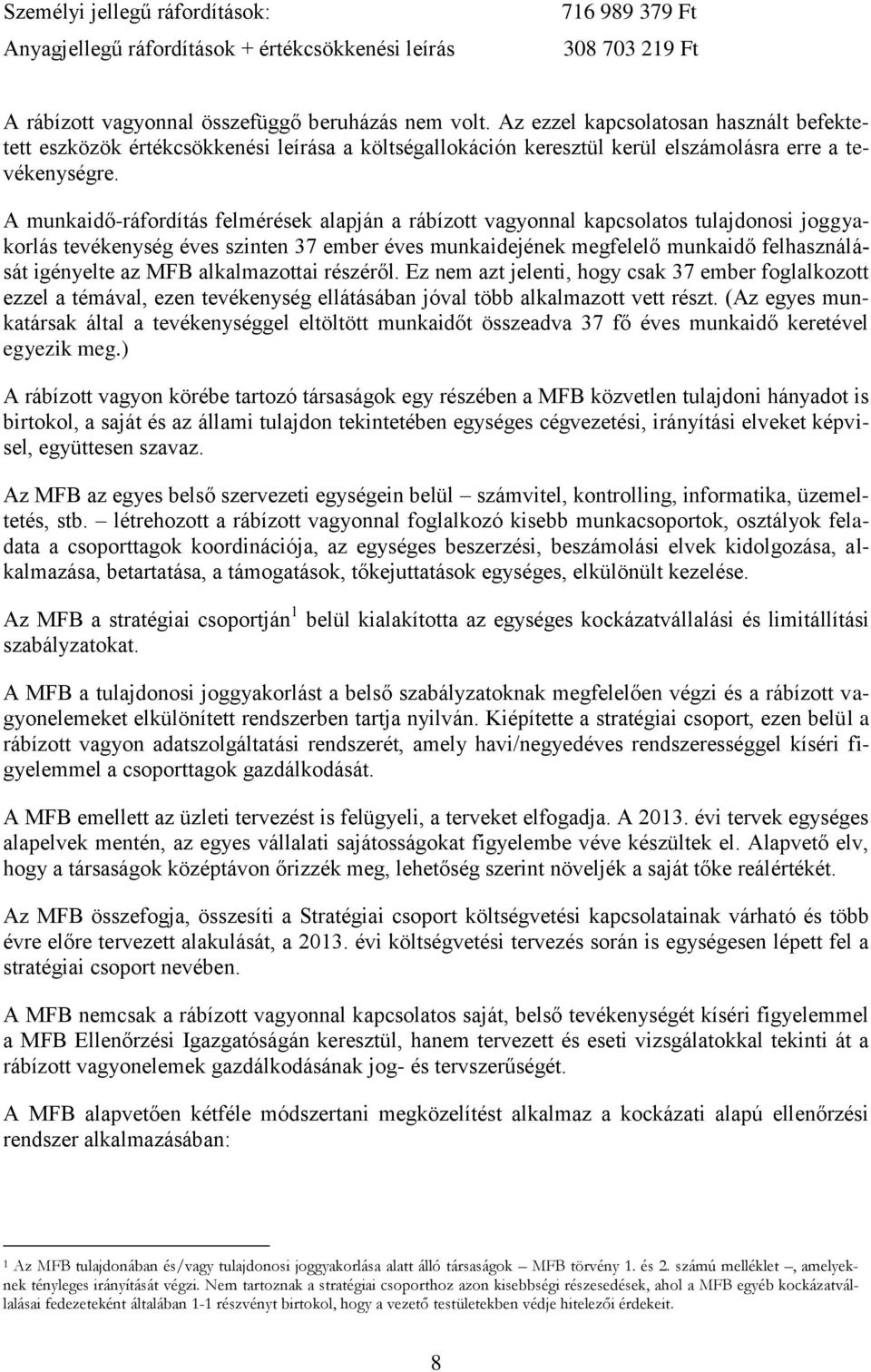 A munkaidő-ráfordítás felmérések alapján a rábízott vagyonnal kapcsolatos tulajdonosi joggyakorlás tevékenység éves szinten 37 ember éves munkaidejének megfelelő munkaidő felhasználását igényelte az