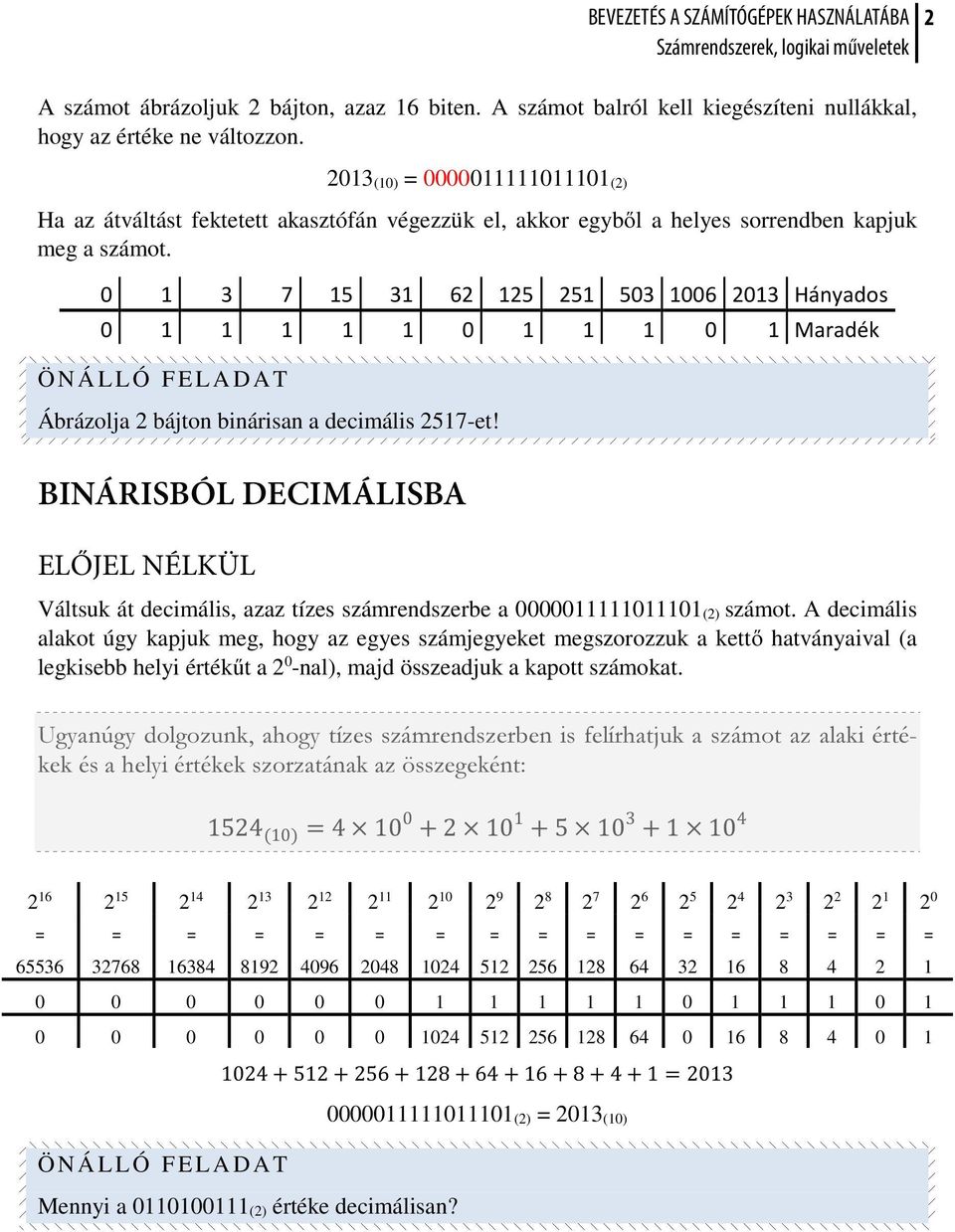 0 1 3 7 15 31 62 125 251 503 1006 2013 Hányados 0 1 1 1 1 1 0 1 1 1 0 1 Maradék Ábrázolja 2 bájton binárisan a decimális 2517-et!