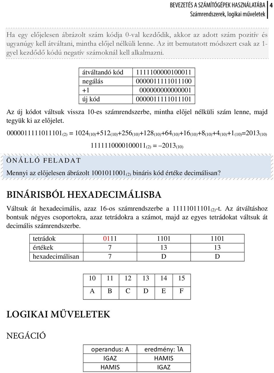 átváltandó kód 1111100000100011 negálás 0000011111011100 +1 000000000000001 új kód 0000011111011101 Az új kódot váltsuk vissza 10-es számrendszerbe, mintha előjel nélküli szám lenne, majd tegyük ki