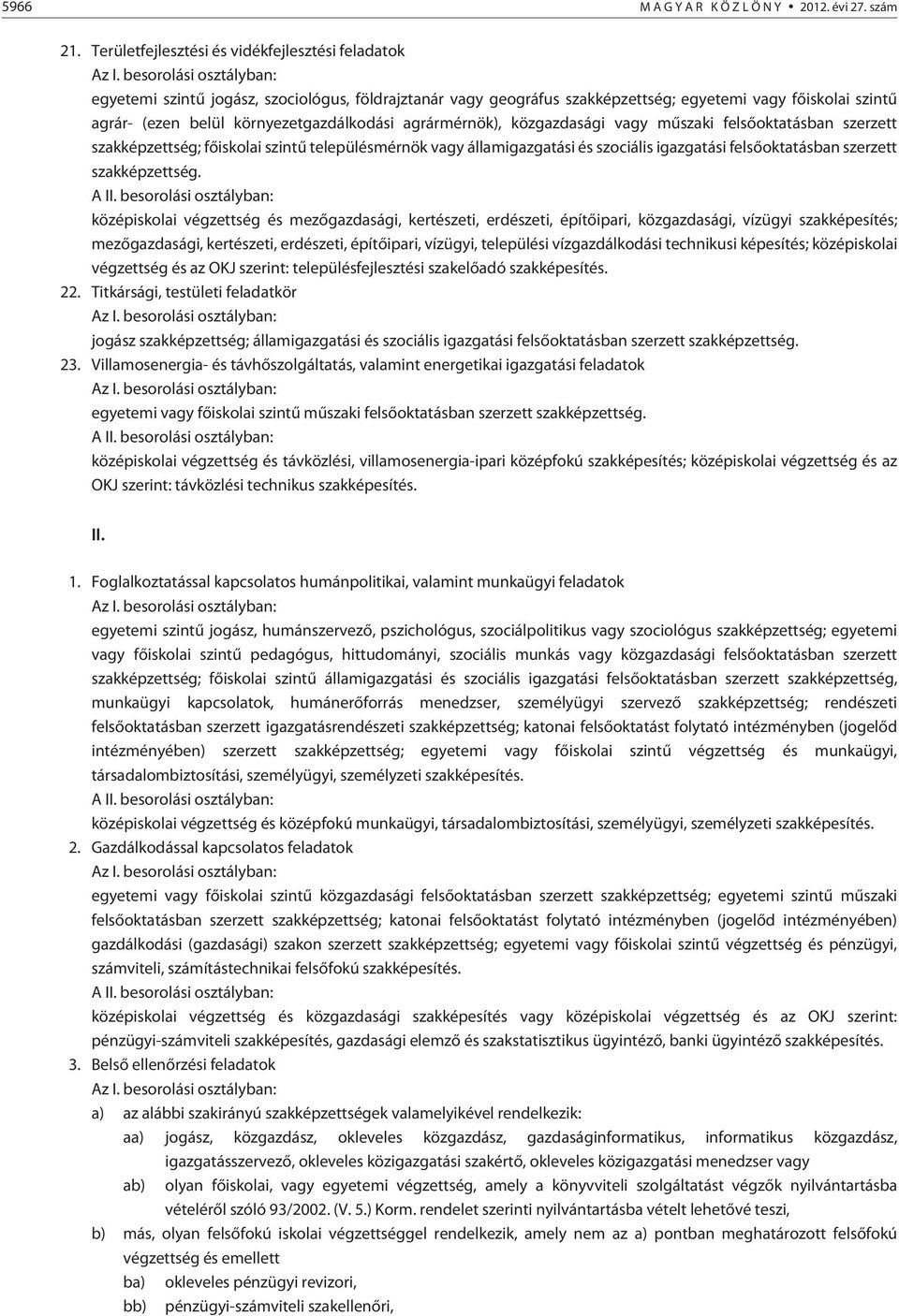 környezetgazdálkodási agrármérnök), közgazdasági vagy mûszaki felsõoktatásban szerzett szakképzettség; fõiskolai szintû településmérnök vagy államigazgatási és szociális igazgatási felsõoktatásban