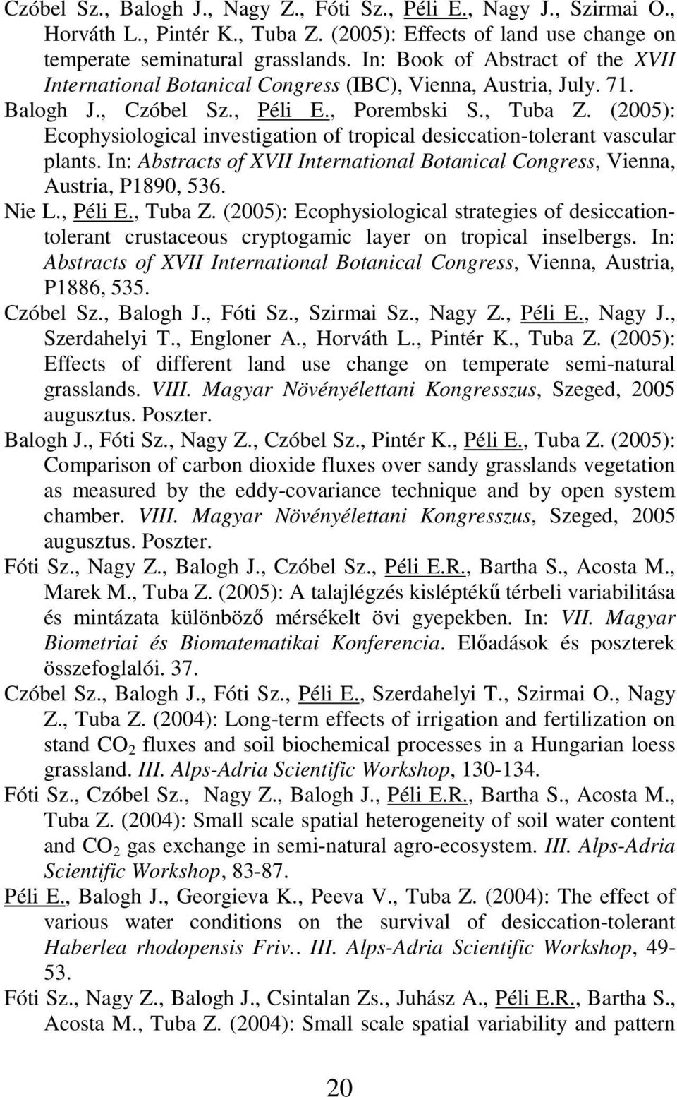 (2005): Ecophysiological investigation of tropical desiccation-tolerant vascular plants. In: Abstracts of XVII International Botanical Congress, Vienna, Austria, P1890, 536. Nie L., Péli E., Tuba Z.