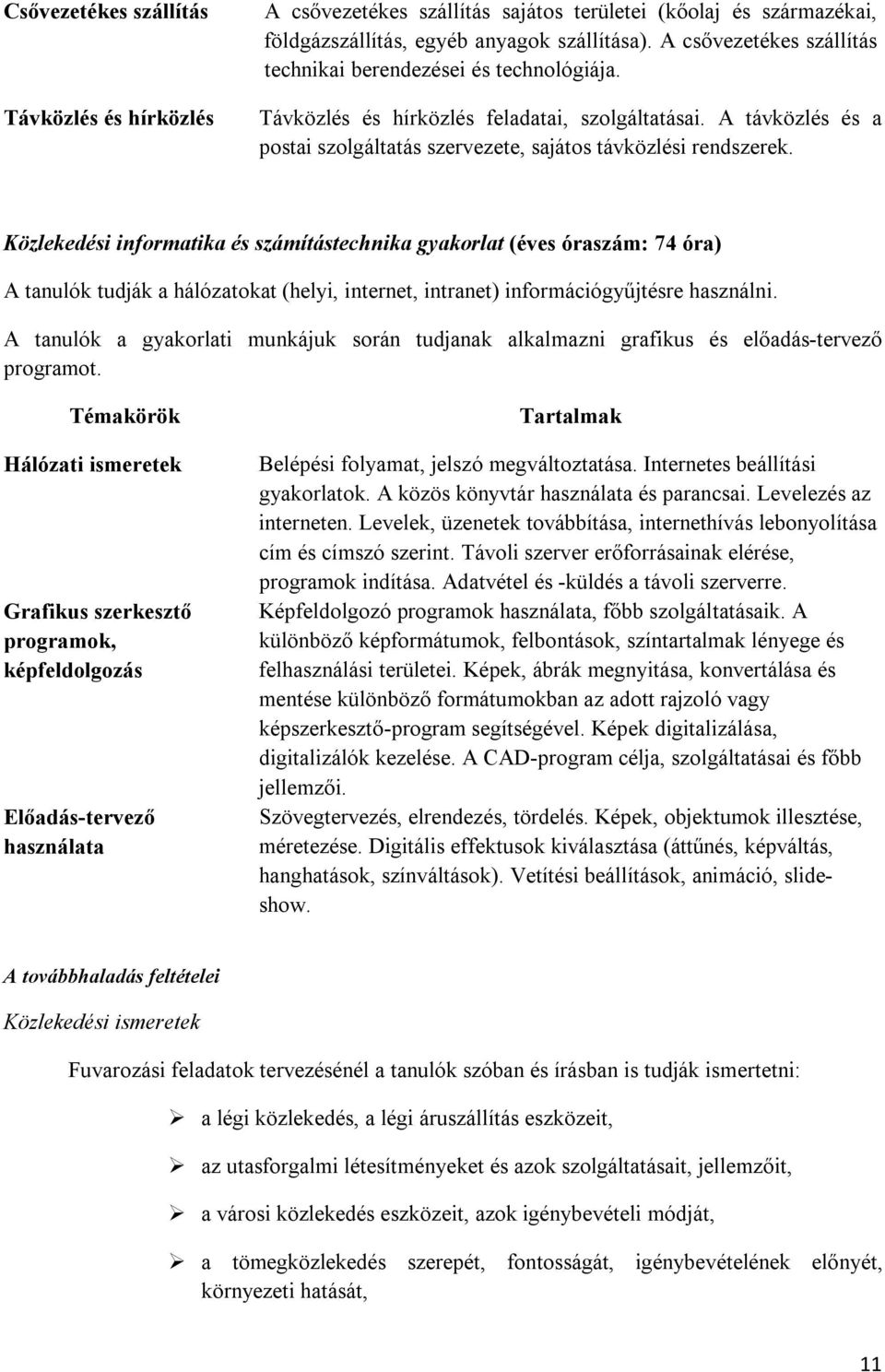 Közlekedési informatika és számítástechnika gyakorlat (éves óraszám: 74 óra) A tanulók tudják a hálózatokat (helyi, internet, intranet) információgyűjtésre használni.