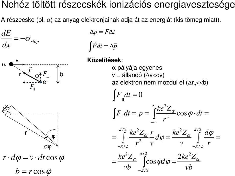 de dx α rdϕ σ v r r F r stop F ϕ p F t r r Fdt p Közelítések: α pályája egyenes F b v állandó ( v<<v) e