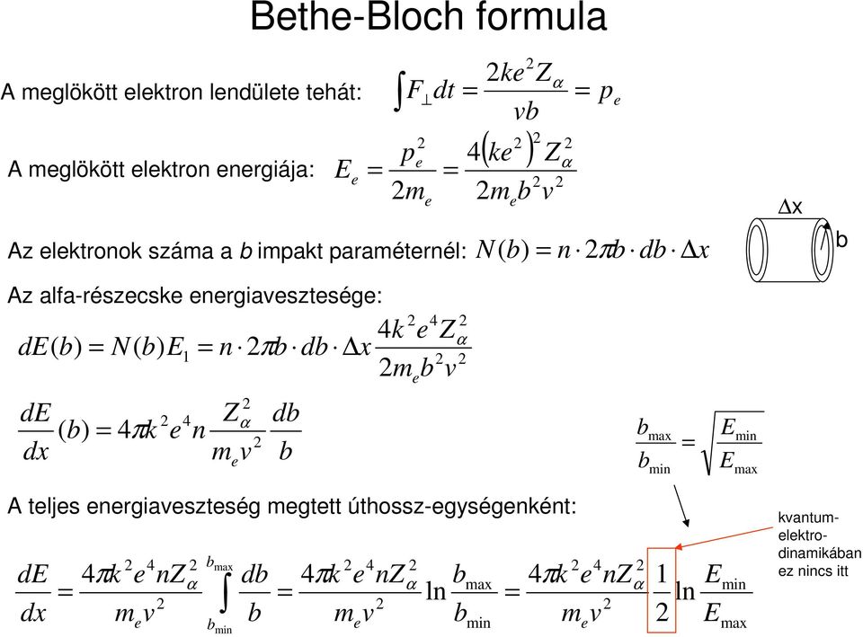 e 1 4 4 4k e Z n πb db x m b v Zα n m v e db b e α b b max min E E min max A teljes energiaveszteség megtett úthossz-egységenként: de dx