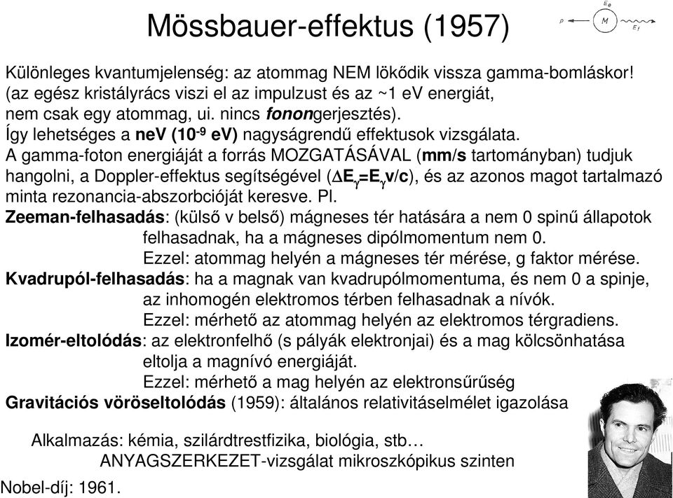 A gamma-foton energiáját a forrás MOZGATÁSÁVAL (mm/s tartományban) tudjuk hangolni, a Doppler-effektus segítségével ( E E γ γv/c), és az azonos magot tartalmazó minta rezonancia-abszorbcióját keresve.