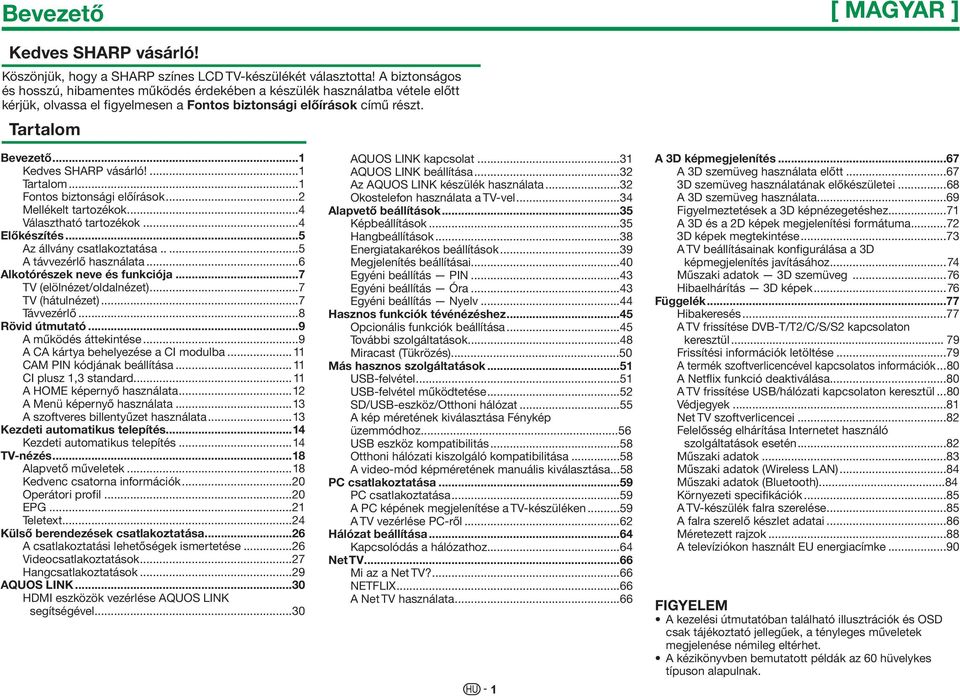 ..1 Kedves SHARP vásárló!...1 Tartalom...1 Fontos biztonsági előírások...2 Mellékelt tartozékok...4 Választható tartozékok...4 Előkészítés...5 Az állvány csatlakoztatása.....5 A távvezérlő használata.