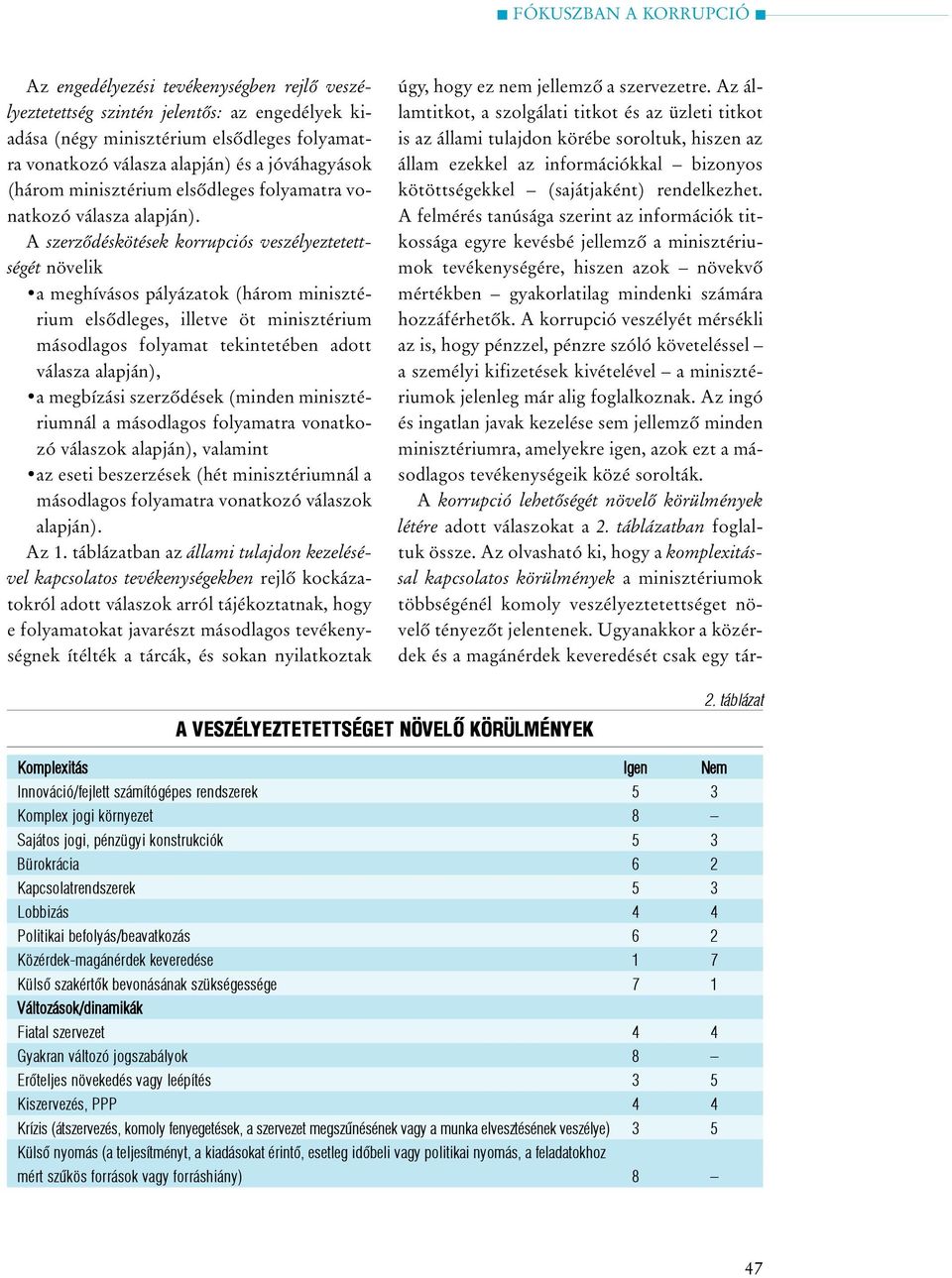 A szerzõdéskötések korrupciós veszélyeztetettségét növelik a meghívásos pályázatok (három minisztérium elsõdleges, illetve öt minisztérium másodlagos folyamat tekintetében adott válasza alapján), a