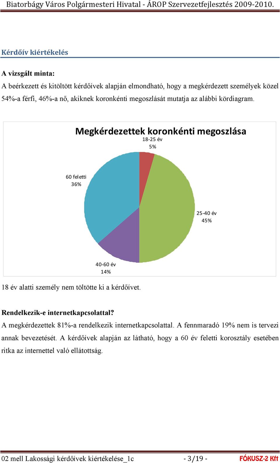 Megkérdezettek koronkénti megoszlása 18 25 év 5% 60 feletti 36% 25 40 év 45% 40 60 év 14% 18 év alatti személy nem töltötte ki a kérdőívet.