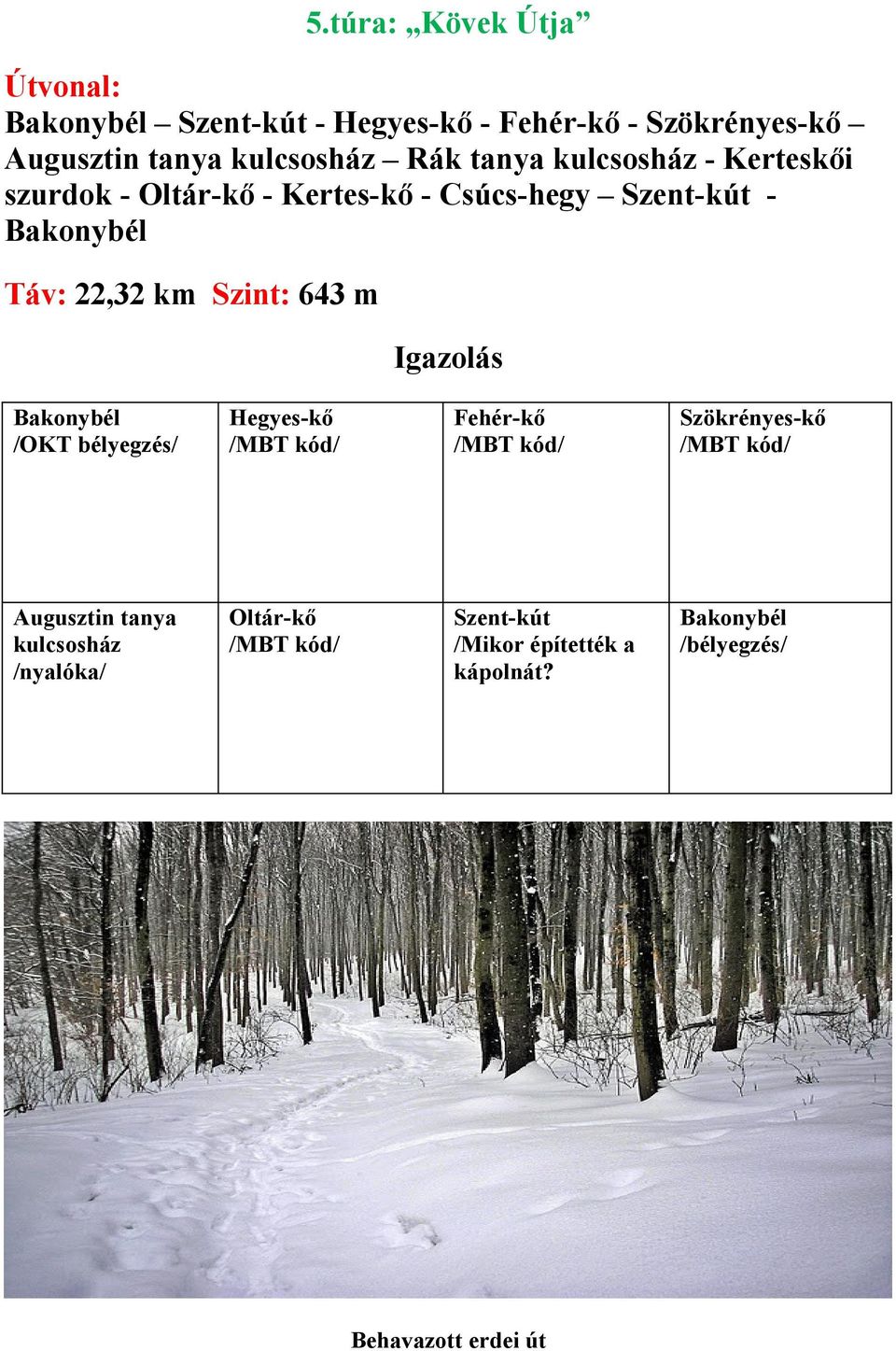 Szent-kút Táv: 22,32 km Szint: 643 m Igazolás /OKT bélyegzés/ Hegyes-kő Fehér-kő Szökrényes-kő