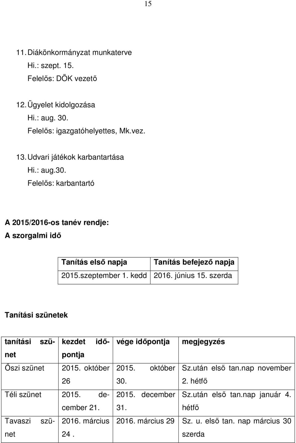 kedd 2016. június 15. szerda Tanítási szünetek tanítási szünepontja kezdet idő- Őszi szünet 2015. október 26 Téli szünet 2015. december 21. Tavaszi szünet 2016. március 24.