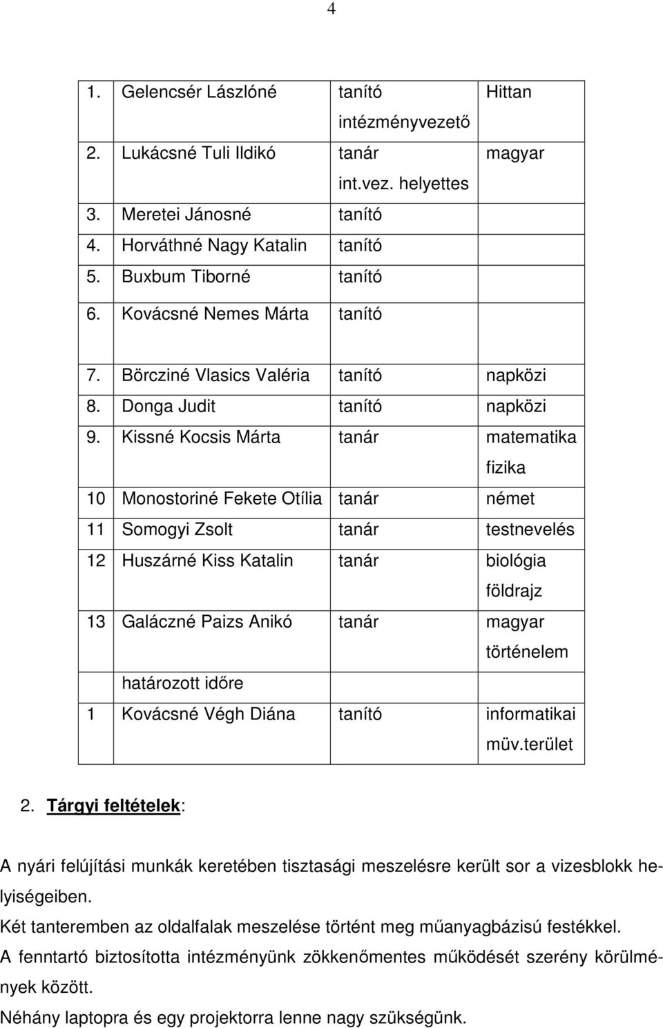 Kissné Kocsis Márta tanár matematika fizika 10 Monostoriné Fekete Otília tanár német 11 Somogyi Zsolt tanár testnevelés 12 Huszárné Kiss Katalin tanár biológia földrajz 13 Galáczné Paizs Anikó tanár