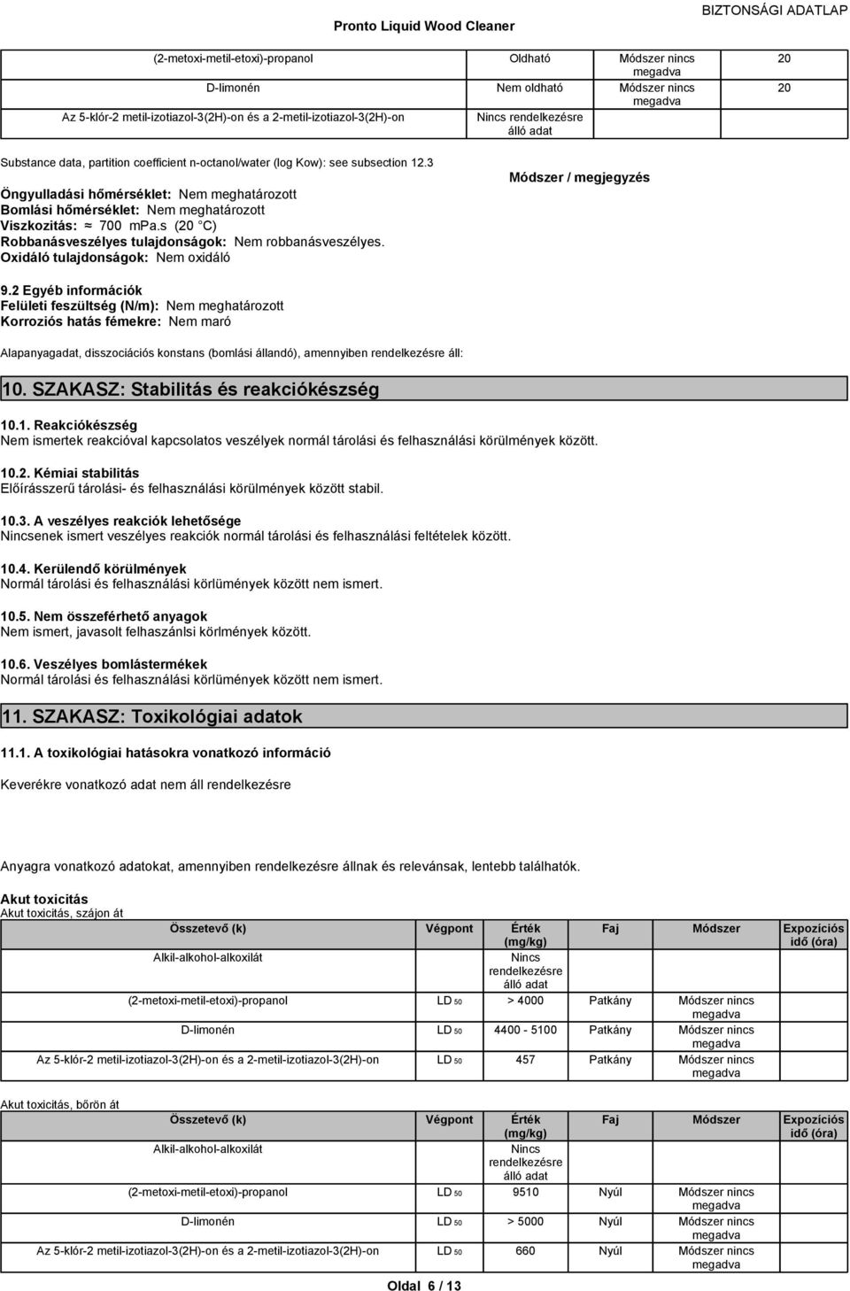Oxidáló tulajdonságok: Nem oxidáló Módszer / megjegyzés 9.