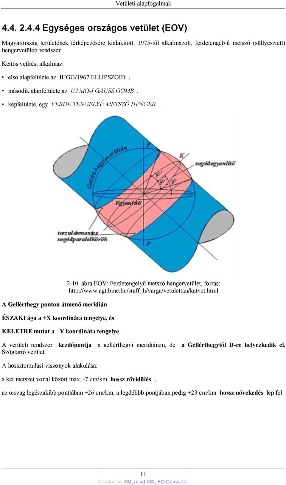 A Gellérthegy ponton átmenő meridián ÉSZAKI ága a +X koordináta tengelye, és KELETRE mutat a +Y koordináta tengelye. 2-10. ábra EOV: Ferdetengelyű metsző hengervetület, forrás: http://www.agt.bme.