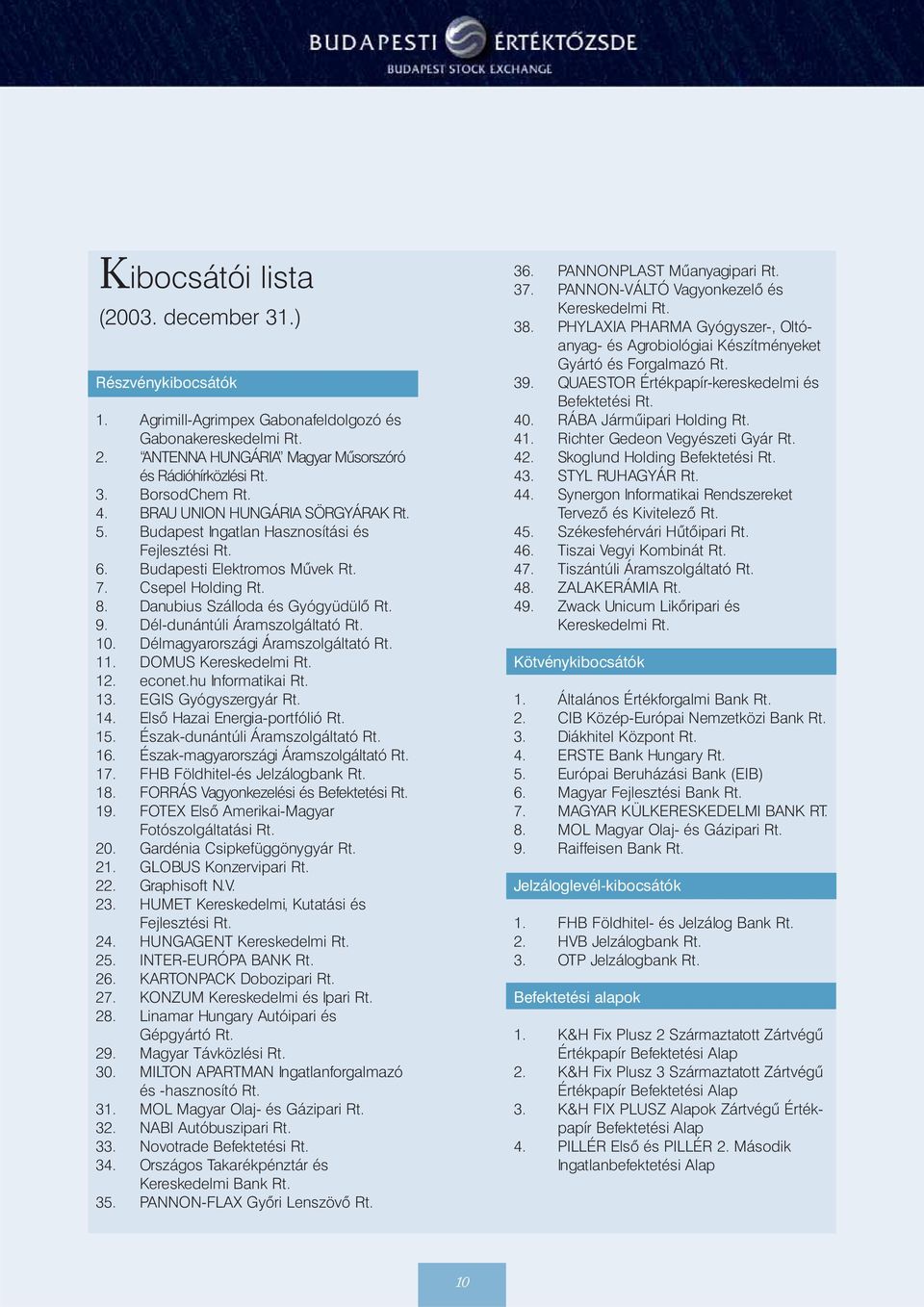 Dél-dunántúli Áramszolgáltató Rt. 10. Délmagyarországi Áramszolgáltató Rt. 11. DOMUS Kereskedelmi Rt. 12. econet.hu Informatikai Rt. 13. EGIS Gyógyszergyár Rt. 14. Elsõ Hazai Energia-portfólió Rt. 15.