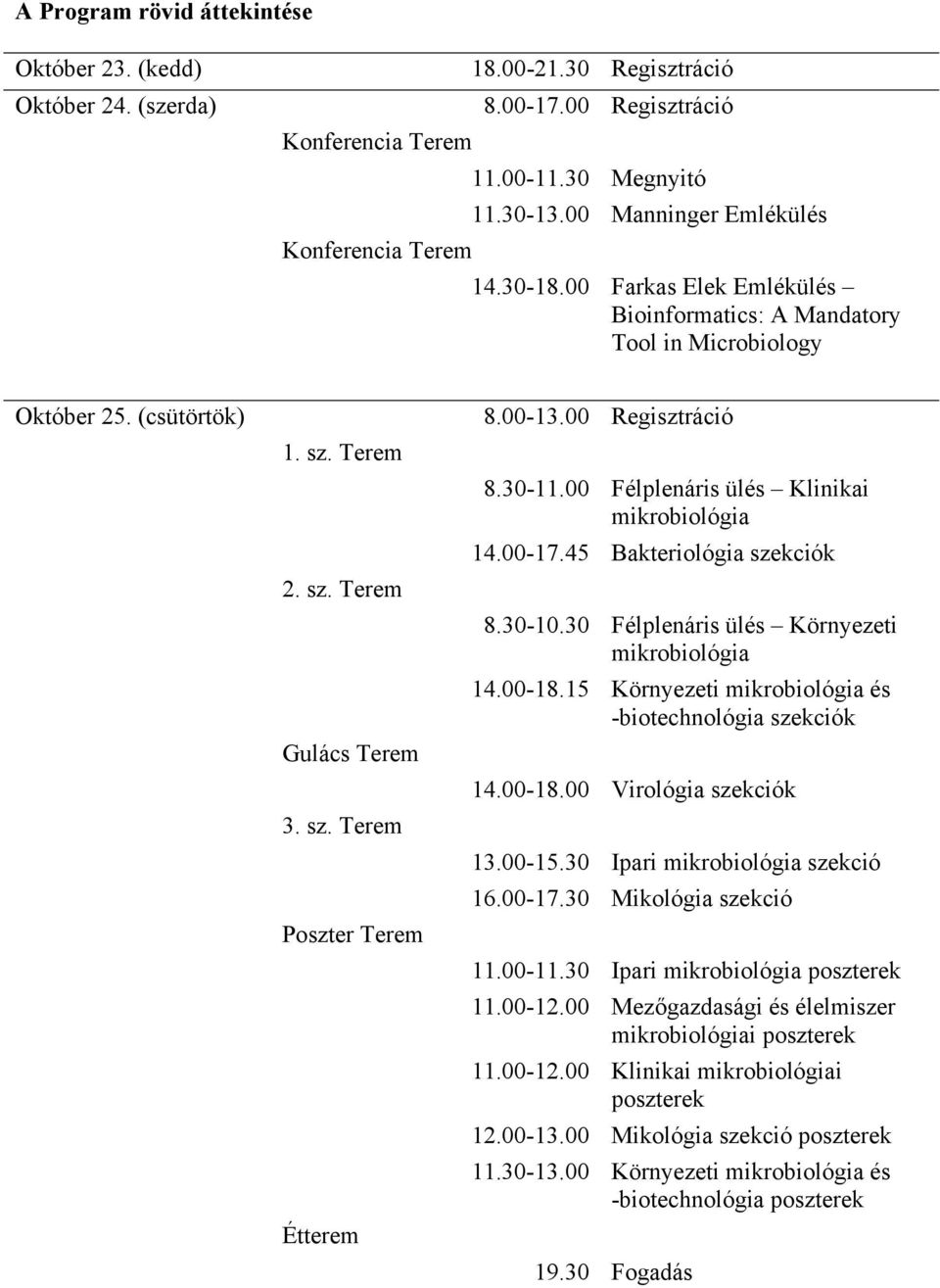 00-13.00 Regisztráció 8.30-11.00 Félplenáris ülés Klinikai mikrobiológia 14.00-17.45 Bakteriológia szekciók 8.30-10.30 Félplenáris ülés Környezeti mikrobiológia 14.00-18.