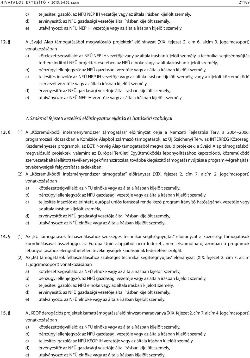 IH vezetője vagy az általa írásban kijelölt személy. 12. A Svájci Alap támogatásából megvalósuló projektek előirányzat (XIX. fejezet 2. cím 6. alcím 3.