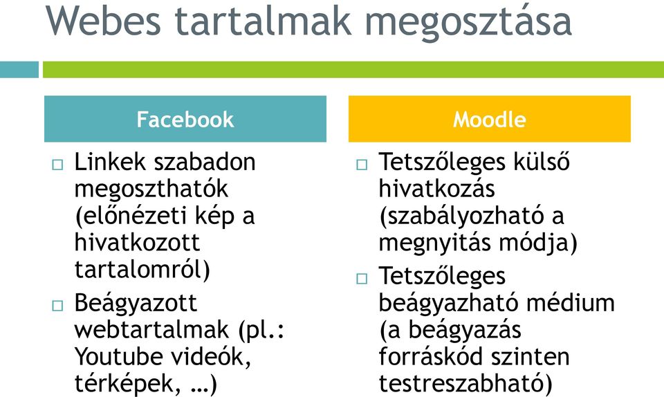 : Youtube videók, térképek, ) Moodle Tetszőleges külső hivatkozás