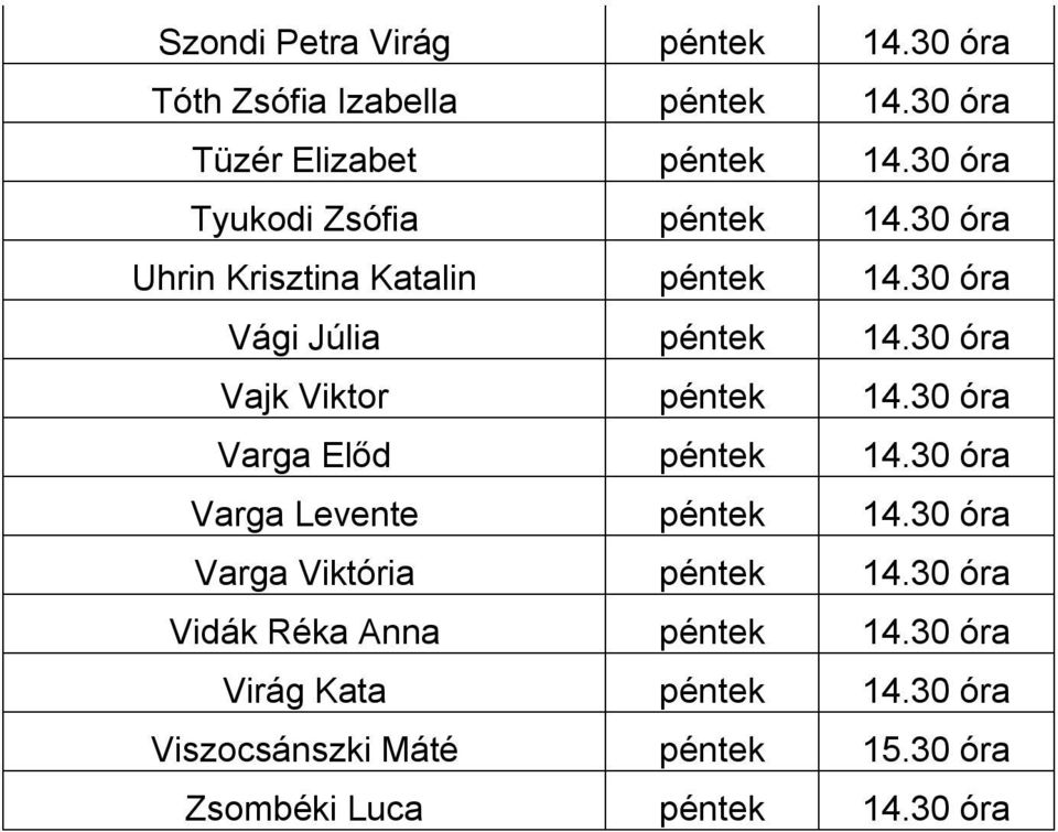 30 óra Vajk Viktor péntek 14.30 óra Varga Előd péntek 14.30 óra Varga Levente péntek 14.