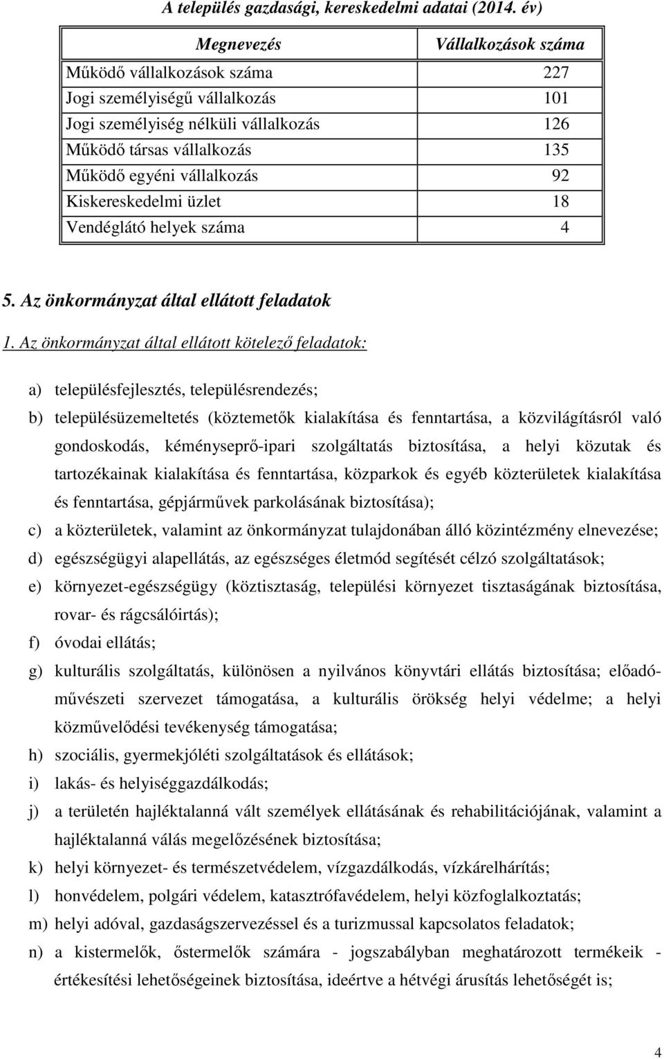 Kiskereskedelmi üzlet 18 Vendéglátó helyek száma 4 5. Az önkormányzat által ellátott feladatok 1.