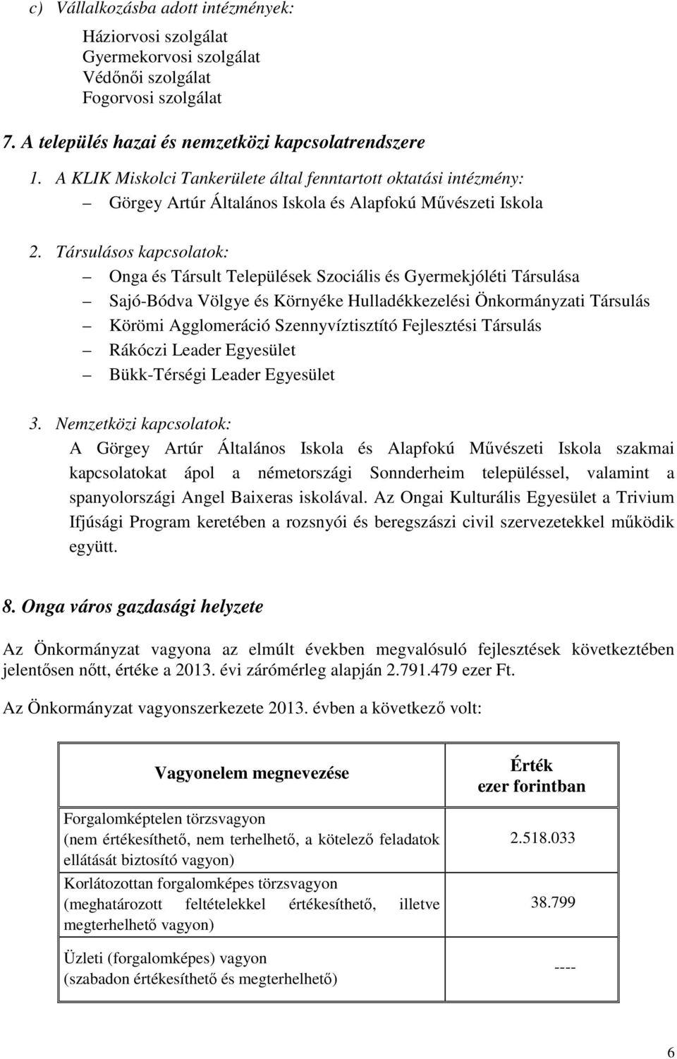 Társulásos kapcsolatok: Onga és Társult Települések Szociális és Gyermekjóléti Társulása Sajó-Bódva Völgye és Környéke Hulladékkezelési Önkormányzati Társulás Körömi Agglomeráció Szennyvíztisztító