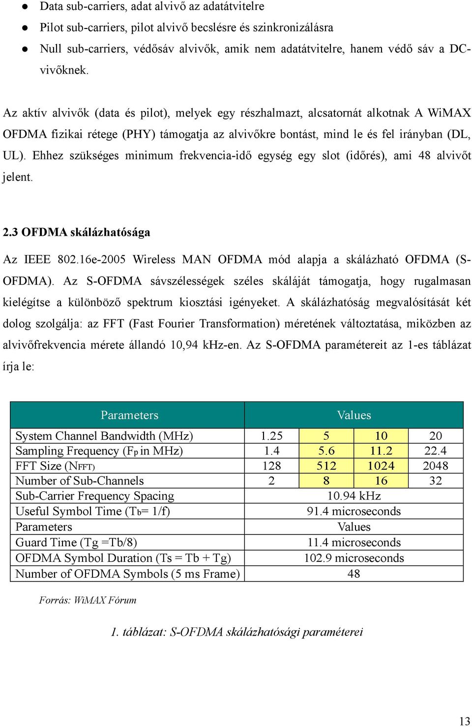 Ehhez szükséges minimum frekvencia-idő egység egy slot (időrés), ami 48 alvivőt jelent. 2.3 OFDMA skálázhatósága Az IEEE 802.16e-2005 Wireless MAN OFDMA mód alapja a skálázható OFDMA (S- OFDMA).