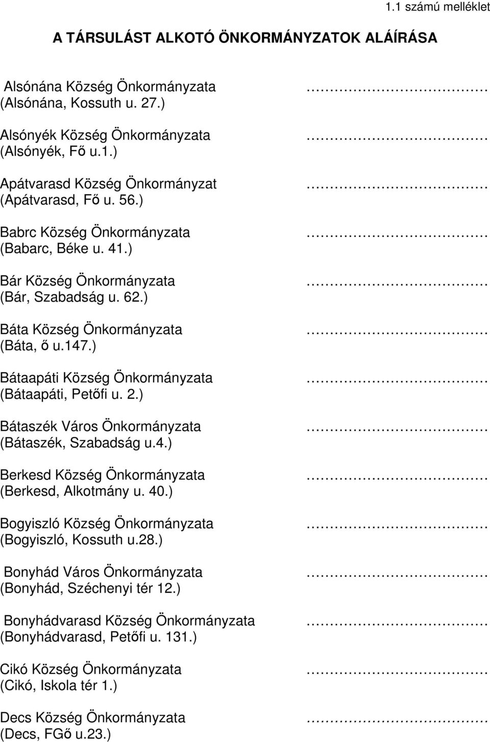 2.) Bátaszék Város Önkormányzata (Bátaszék, Szabadság u.4.) Berkesd Község Önkormányzata (Berkesd, Alkotmány u. 40.) Bogyiszló Község Önkormányzata (Bogyiszló, Kossuth u.28.