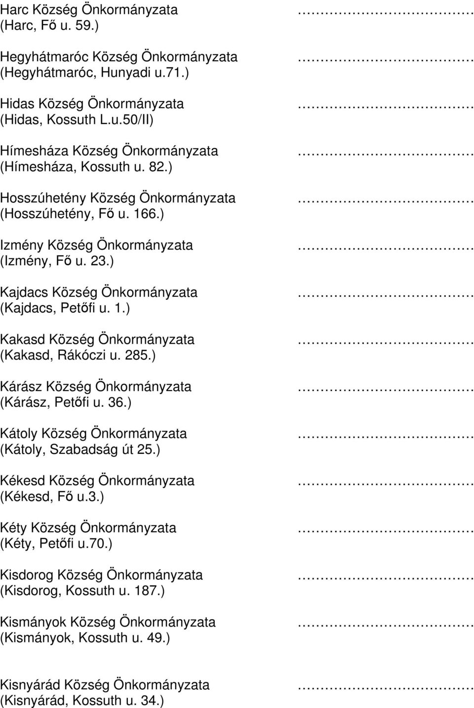 285.) Kárász Község Önkormányzata (Kárász, Petőfi u. 36.) Kátoly Község Önkormányzata (Kátoly, Szabadság út 25.) Kékesd Község Önkormányzata (Kékesd, Fő u.3.) Kéty Község Önkormányzata (Kéty, Petőfi u.