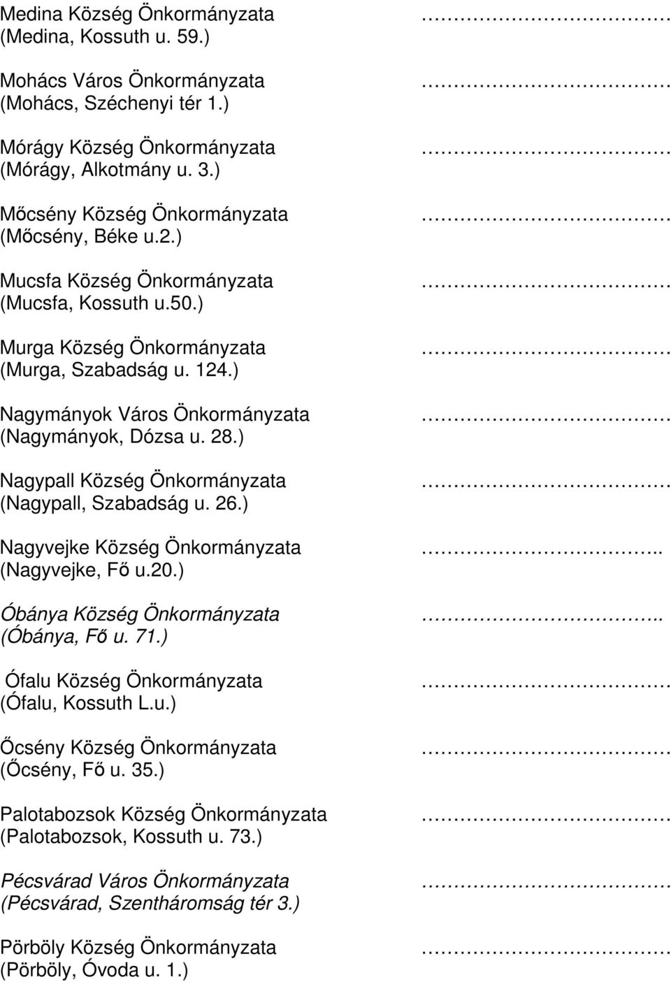 ) Nagymányok Város Önkormányzata (Nagymányok, Dózsa u. 28.) Nagypall Község Önkormányzata (Nagypall, Szabadság u. 26.) Nagyvejke Község Önkormányzata (Nagyvejke, Fő u.20.