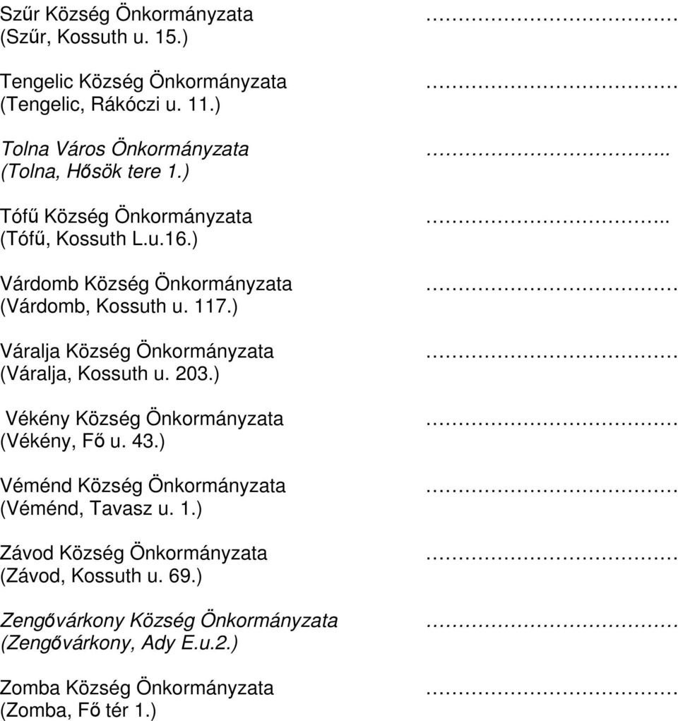 ) Várdomb Község Önkormányzata (Várdomb, Kossuth u. 117.) Váralja Község Önkormányzata (Váralja, Kossuth u. 203.