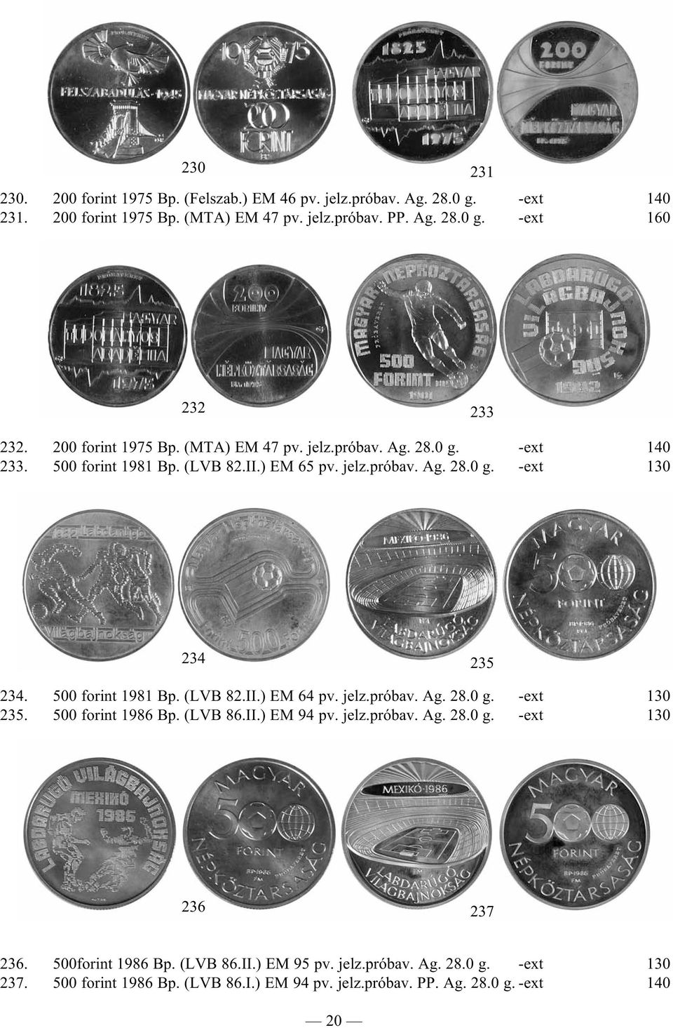 500 forint 1981 Bp. (LVB 82.II.) EM 64 pv. jelz.próbav. Ag. 28.0 g. -ext 130 235. 500 forint 1986 Bp. (LVB 86.II.) EM 94 pv. jelz.próbav. Ag. 28.0 g. -ext 130 236 237 236.