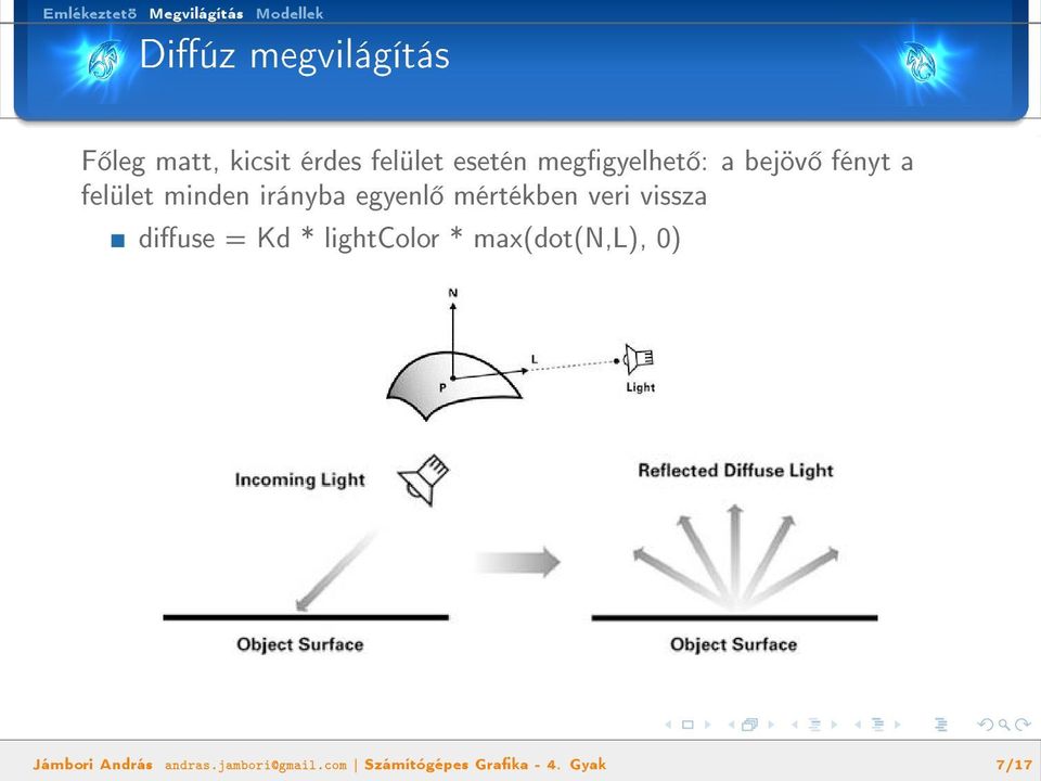 mértékben veri vissza diuse = Kd * lightcolor * max(dot(n,l),