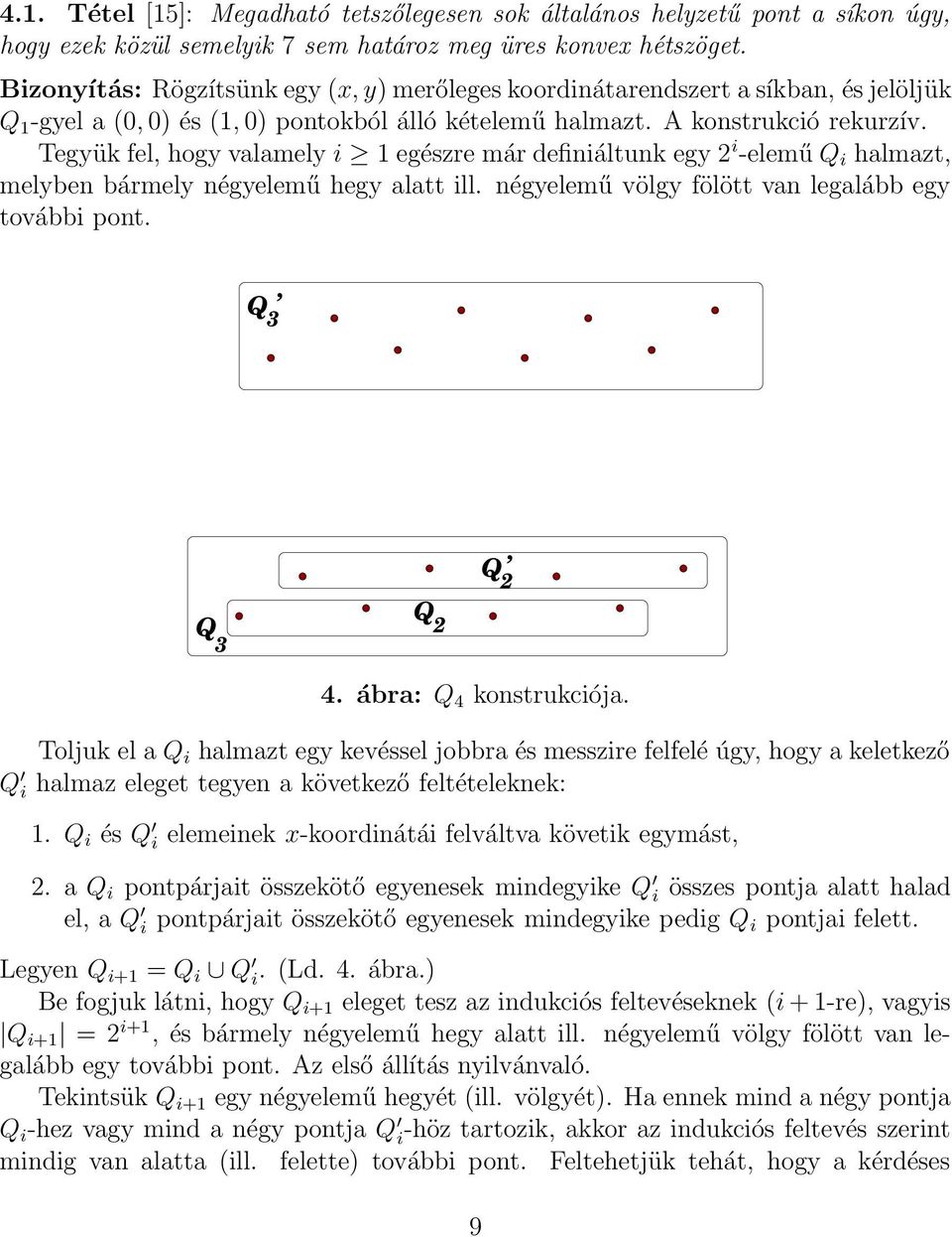 Tegyük fel, hogy valamely i 1 egészre már definiáltunk egy 2 i -elemű Q i halmazt, melyben bármely négyelemű hegy alatt ill. négyelemű völgy fölött van legalább egy további ont. Q 3 Q 2 Q 3 Q 2 4.