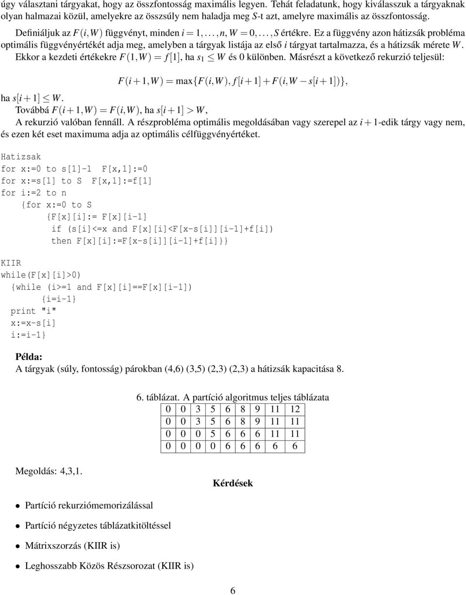 ..,n, W = 0,...,S értékre. Ez a függvény azon hátizsák probléma optimális függvényértékét adja meg, amelyben a tárgyak listája az első i tárgyat tartalmazza, és a hátizsák mérete W.