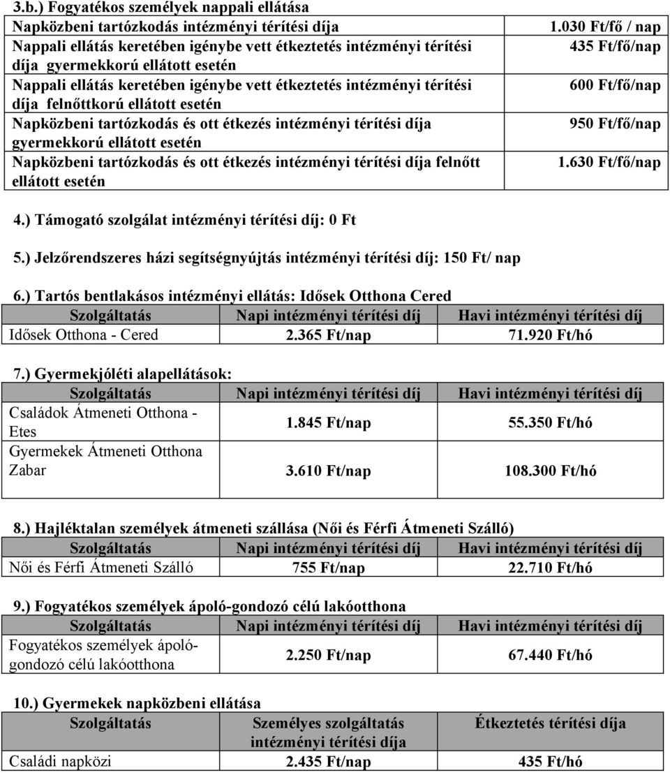 Napközbeni tartózkodás és ott étkezés intézményi térítési díja felnőtt ellátott esetén 1.030 Ft/fő / nap 435 Ft/fő/nap 600 Ft/fő/nap 950 Ft/fő/nap 1.630 Ft/fő/nap 4.