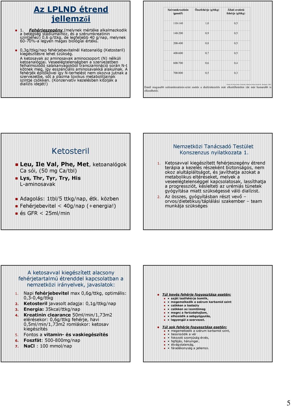 0,3g/ttkg/nap fehérjebevitelnél Ketoanalóg (Ketosteril) kiegészítésre lehet szükség. A ketosavak az aminosavak aminocsoport (N) nélküli ketoanalógjai.