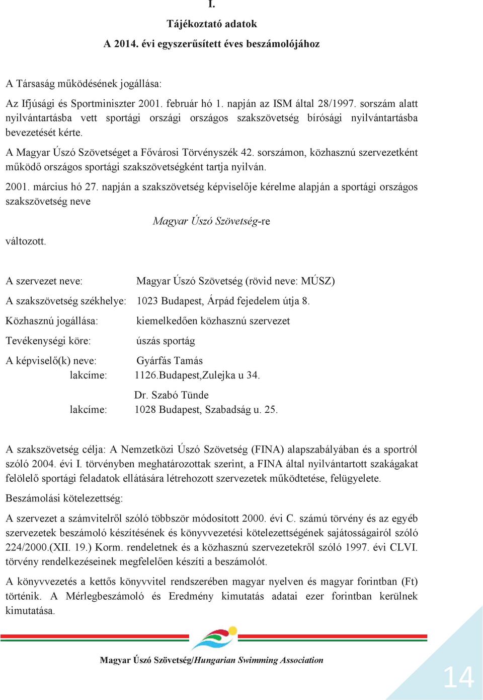 sorszámon, közhasznú szervezetként működő országos sportági szakszövetségként tartja nyilván. 2001. március hó 27.